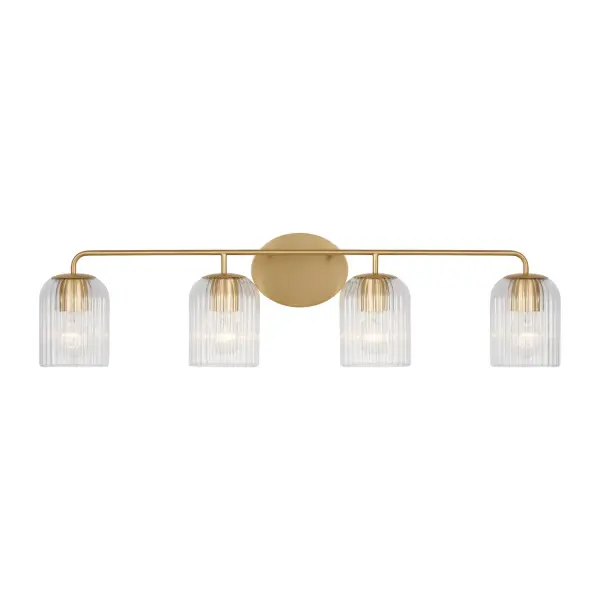 Collection: Eisele Rooms: Bathroom,Bedroom,Entry Room/Hallway Finish: Satin Brass Glass: Clear Ribbed Width: 33.75" Height: 8.75" Weight: 5.43 lb Extension from Wall: 6.00" Wire: 8" Black/White Canopy: L:5'',W:6.5'',H.625'', Oval Number of Bulbs: 4 Maximum Wattage: 60.00 W Bulb Type: A19 Bulb Base: E26 Medium Voltage: 120.00 V Material: Steel Country of Origin: Vietnam Safety Listing: cETL Safety Rating: Damp Title 24 Spec Sheet Instructions