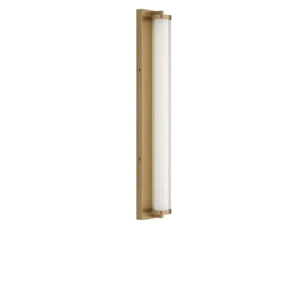 Collection: Weston Rooms: Bathroom, Bedroom, Entry Room/Hallway Finish: Satin Brass Glass: Transparent Polycarbonate Shade Width: 28.00" Height: 4.25" Length: 3.87" Weight: 6.00 lb Extension from Wall: 3.87" Canopy: DP:1" W:28" H:4.25" Rectangle Bulbs Included Maximum Wattage: 24.00 W Bulb Base: Dedicated Light Source: LED Light Output: 1500.00 lm Color Temperature: 2700 K CRI: 90 Voltage: 120.00 V Material: Aluminum Country of Origin: Thailand Safety Listing: ETL Safety Rating: DAMP ADA Title 24 LED Spec Sheet