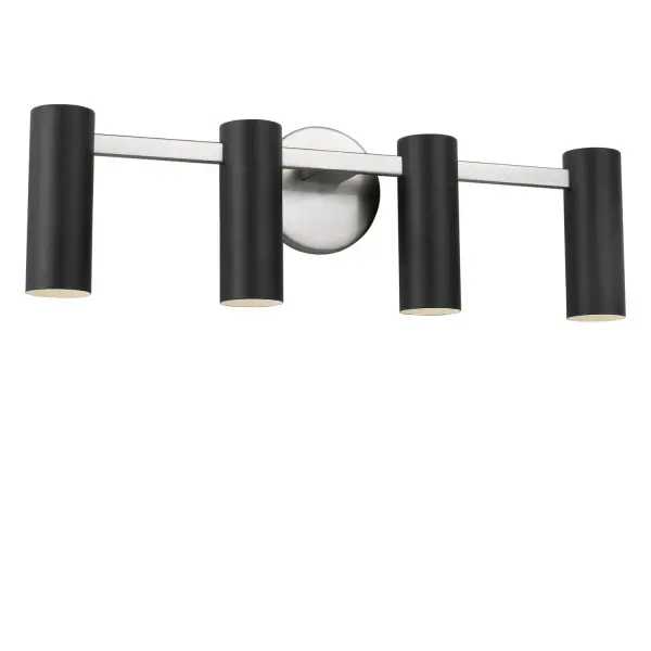 Collection: Zentro Rooms: Bathroom, Bedroom, Entry Room/Hallway Finish: Brushed Nickel Glass: Metal Shade Width: 24.00" Height: 7.38" Length: 4.00" Weight: 4.00 lb Extension from Wall: 4.00" Canopy: DP:0.63" W:5" H:5" Round Number of Bulbs: 4 Maximum Wattage: 40.00 W Bulb Type: B11 Bulb Base: E12 Voltage: 120.00 V Material: Steel Country of Origin: Vietnam Safety Listing: ETL Safety Rating: DAMP ADA Spec Sheet