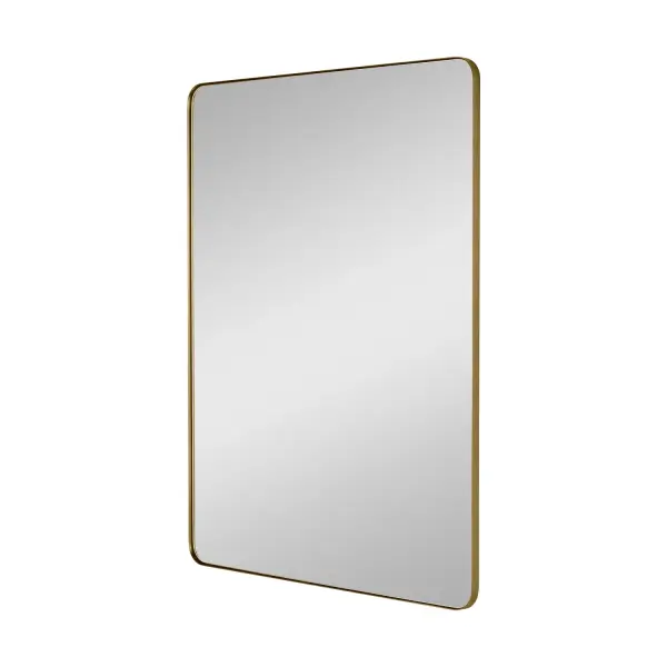 The Planer mirror combines a warm burnished brass frame with substantial 36x48 dimensions, making it a statement piece for bathrooms, bedrooms, and entryways. Its contemporary design with transitional appeal works across multiple interior styles.
