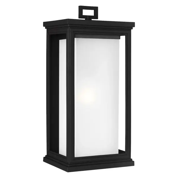Collection: Roscoe Designer: Feiss Rooms: Outdoor Finish: Textured Black Glass: White Opal Etched Width: 8.50" Height: 18.25" Weight: 8.00 lb Extension from Wall: 8.00" Wire: 8" Black/White Canopy: DP:1'' W:6'' H:7.75'' OB UP:10'' Rectangular Number of Bulbs: 1 Maximum Wattage: 75.00 W Bulb Type: A19 Bulb Base: Medium Voltage: 120.00 V Material: StoneStrong Country of Origin: China Safety Listing: cETL Safety Rating: Wet Connection: Hardwired Title 24 Spec Sheet Instructions Parts Diagram