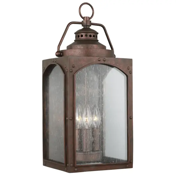 Collection: Randhurst Designer: Feiss Rooms: Outdoor Finish: Copper Oxide Glass: Clear Seeded Width: 8.88" Height: 20.13" Weight: 9.00 lb Extension from Wall: 8.63" Wire: 8" Black/White Canopy: DP:1'' W:7.25'' H:11.75'' OB UP:13.5'' Rectangular Number of Bulbs: 3 Maximum Wattage: 60.00 W Bulb Type: Torpedo Bulb Base: Candelabra Voltage: 120.00 V Material: StoneStrong Country of Origin: China Safety Listing: cETL Safety Rating: Wet Connection: Hardwired Title 24 Spec Sheet Instructions Parts Diagram