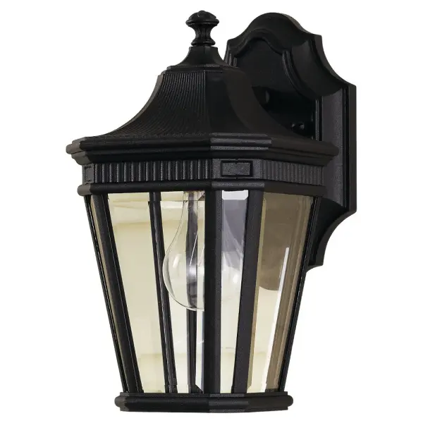 Collection: Cotswold Lane Designer: Feiss Rooms: Outdoor Finish: Black Glass: Clear Beveled Width: 6.50" Height: 11.50" Weight: 3.19 lb Extension from Wall: 7.75" Wire: 8" Black/White Canopy: DP:1.25'' W:5.125'' H:8.125'' OB UP:3.5'' Irregular Number of Bulbs: 1 Maximum Wattage: 100.00 W Bulb Type: A19 Bulb Base: Medium Voltage: 120.00 V Material: Aluminum Country of Origin: China Safety Listing: UL Safety Rating: Wet Title 24 Spec Sheet Instructions Parts Diagram
