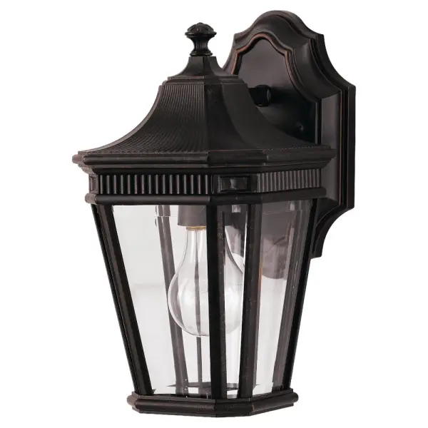 Collection: Cotswold Lane Designer: Feiss Rooms: Outdoor Finish: Grecian Bronze Glass: Clear Beveled Width: 6.50" Height: 11.50" Weight: 3.19 lb Extension from Wall: 7.75" Wire: 8" Black/White Canopy: DP:1.25'' W:5.125'' H:8.125'' OB UP:3.5'' Irregular Number of Bulbs: 1 Maximum Wattage: 100.00 W Bulb Type: A19 Bulb Base: Medium Voltage: 120.00 V Material: Aluminum Country of Origin: China Safety Listing: UL Safety Rating: Wet Title 24 Spec Sheet Instructions Parts Diagram