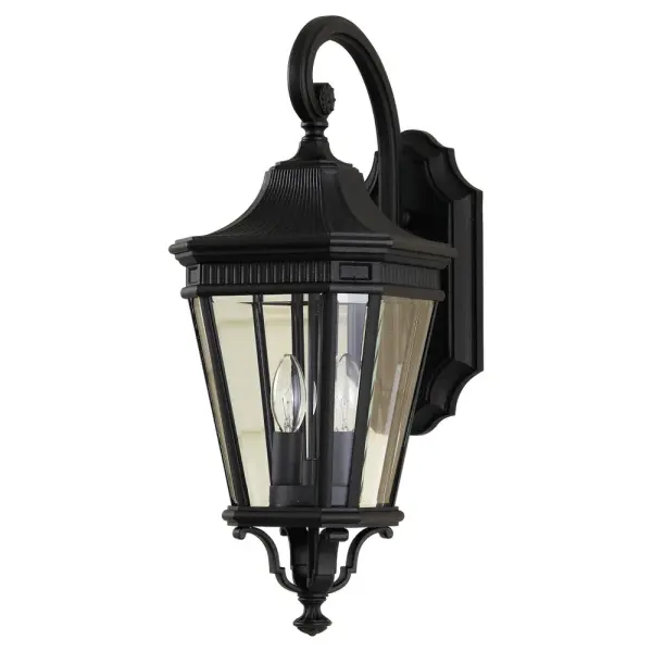 Collection: Cotswold Lane Designer: Feiss Rooms: Outdoor Finish: Black Glass: Clear Beveled Width: 9.00" Height: 20.50" Weight: 6.49 lb Extension from Wall: 11.63" Wire: 8" Black/White Canopy: DP:1.25'' W:5.125'' H:10.75'' OB UP:8.5'' Irregular Number of Bulbs: 2 Maximum Wattage: 60.00 W Bulb Type: Torpedo Bulb Base: Candelabra Voltage: 120.00 V Material: Aluminum Country of Origin: Philippines Safety Listing: UL Safety Rating: Wet Title 24 Spec Sheet Instructions Parts Diagram