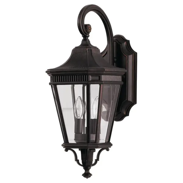 Collection: Cotswold Lane Designer: Feiss Rooms: Outdoor Finish: Grecian Bronze Glass: Clear Beveled Width: 9.00" Height: 20.50" Weight: 6.49 lb Extension from Wall: 11.63" Wire: 8" Black/White Canopy: DP:1.25'' W:5.125'' H:10.75'' OB UP:8.5'' Irregular Number of Bulbs: 2 Maximum Wattage: 60.00 W Bulb Type: Torpedo Bulb Base: Candelabra Voltage: 120.00 V Material: Aluminum Country of Origin: Philippines Safety Listing: UL Safety Rating: Wet Title 24 Spec Sheet Instructions Parts Diagram