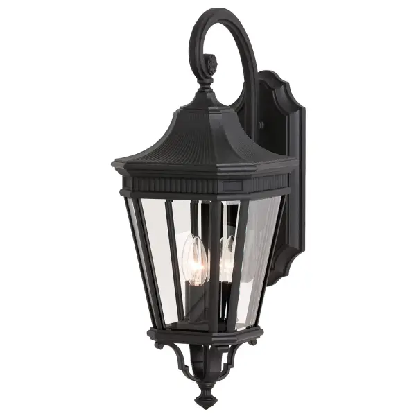 Collection: Cotswold Lane Designer: Feiss Rooms: Outdoor Finish: Black Glass: Clear Beveled Width: 9.50" Height: 23.75" Weight: 9.35 lb Extension from Wall: 13.63" Wire: 8" Black/White Canopy: DP:1.25'' W:5.125'' H:13.375'' OB UP:10.5'' Irregular Number of Bulbs: 3 Maximum Wattage: 60.00 W Bulb Type: Torpedo Bulb Base: Candelabra Voltage: 120.00 V Material: Aluminum Country of Origin: Philippines Safety Listing: UL Safety Rating: Wet Title 24 Spec Sheet Instructions Parts Diagram