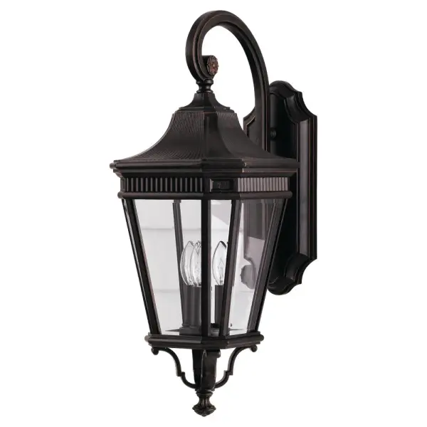 Collection: Cotswold Lane Designer: Feiss Rooms: Outdoor Finish: Grecian Bronze Glass: Clear Beveled Width: 9.50" Height: 23.75" Weight: 9.35 lb Extension from Wall: 13.63" Wire: 8" Black/White Canopy: DP:1.25'' W:5.125'' H:13.375'' OB UP:10.5'' Irregular Number of Bulbs: 3 Maximum Wattage: 60.00 W Bulb Type: Torpedo Bulb Base: Candelabra Voltage: 120.00 V Material: Aluminum Country of Origin: Philippines Safety Listing: UL Safety Rating: Wet Title 24 Spec Sheet Instructions Parts Diagram