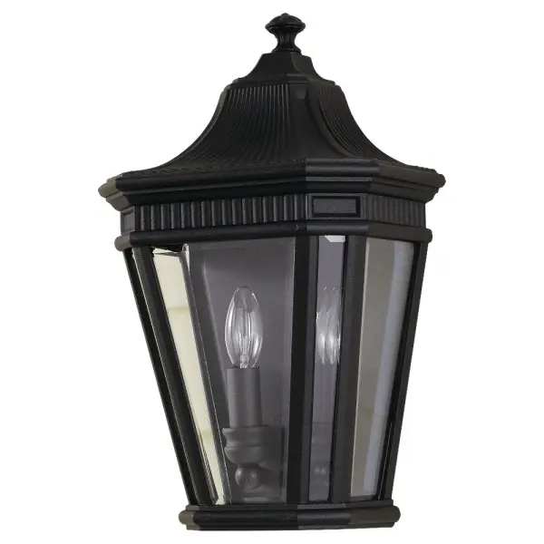 Collection: Cotswold Lane Designer: Feiss Rooms: Outdoor Finish: Black Glass: Clear Beveled Width: 9.50" Height: 16.00" Weight: 4.62 lb Extension from Wall: 6.00" Wire: 8" Black/White Canopy: DP:0.25'' W:8.875'' H:14.125'' OB UP:9.625'' Irregular Number of Bulbs: 2 Maximum Wattage: 60.00 W Bulb Type: Torpedo Bulb Base: Candelabra Voltage: 120.00 V Material: Aluminum Country of Origin: China Safety Listing: UL Safety Rating: Wet Title 24 Spec Sheet Instructions Parts Diagram