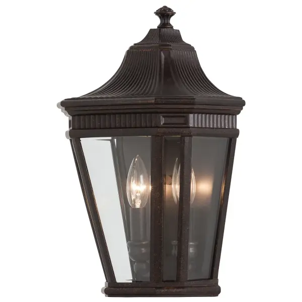 Collection: Cotswold Lane Designer: Feiss Rooms: Outdoor Finish: Grecian Bronze Glass: Clear Beveled Width: 9.50" Height: 16.00" Weight: 4.62 lb Extension from Wall: 6.00" Wire: 8" Black/White Canopy: DP:0.25'' W:8.875'' H:14.125'' OB UP:9.625'' Irregular Number of Bulbs: 2 Maximum Wattage: 60.00 W Bulb Type: Torpedo Bulb Base: Candelabra Voltage: 120.00 V Material: Aluminum Country of Origin: China Safety Listing: UL Safety Rating: Wet Title 24 Spec Sheet Instructions Parts Diagram
