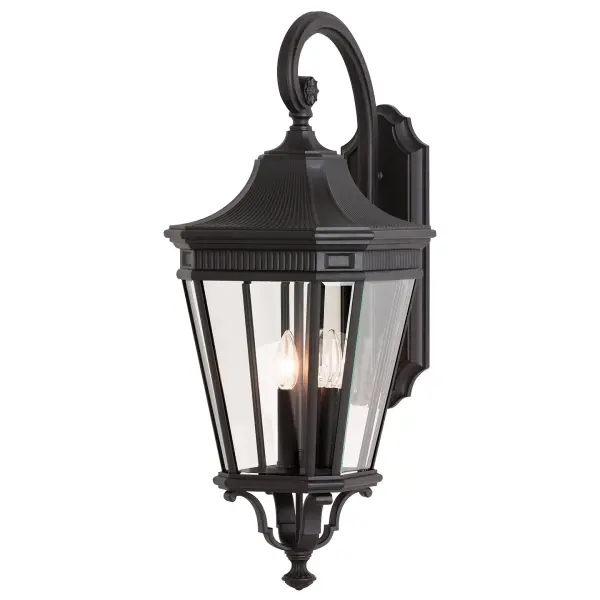 Collection: Cotswold Lane Designer: Feiss Rooms: Outdoor Finish: Black Glass: Clear Beveled Width: 12.00" Height: 30.00" Weight: 15.73 lb Extension from Wall: 16.25" Wire: 8" Black/White Canopy: DP:1.25'' W:5.125'' H:16.375'' OB UP:12.875'' Irregular Number of Bulbs: 3 Maximum Wattage: 60.00 W Bulb Type: Torpedo Bulb Base: Candelabra Voltage: 120.00 V Material: Aluminum Country of Origin: China Safety Listing: UL Safety Rating: Wet Title 24 Spec Sheet Instructions Parts Diagram