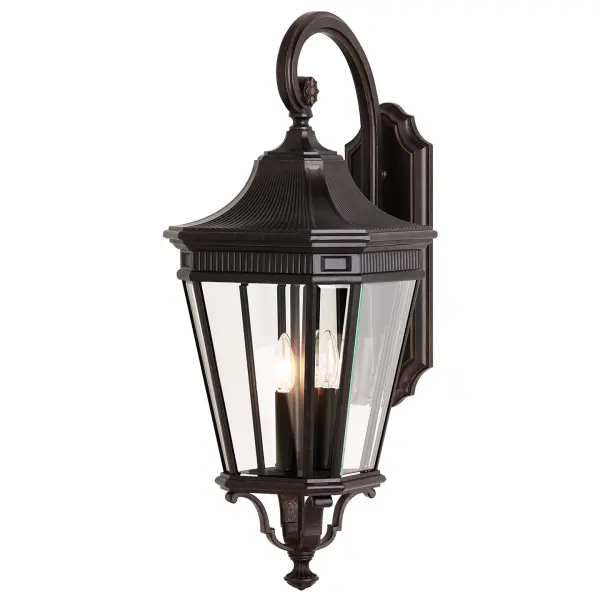 Collection: Cotswold Lane Designer: Feiss Rooms: Outdoor Finish: Grecian Bronze Glass: Clear Beveled Width: 12.00" Height: 30.00" Weight: 15.73 lb Extension from Wall: 16.25" Wire: 8" Black/White Canopy: DP:1.25'' W:5.125'' H:16.375'' OB UP:12.875'' Irregular Number of Bulbs: 3 Maximum Wattage: 60.00 W Bulb Type: Torpedo Bulb Base: Candelabra Voltage: 120.00 V Material: Aluminum Country of Origin: China Safety Listing: UL Safety Rating: Wet Title 24 Spec Sheet Instructions Parts Diagram