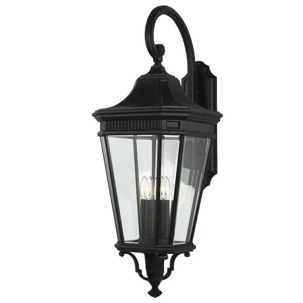 Collection: Cotswold Lane Designer: Feiss Rooms: Outdoor Finish: Black Glass: Clear Beveled Width: 13.63" Height: 36.25" Weight: 17.00 lb Extension from Wall: 17.88" Wire: 8" Black/White Canopy: DP:1.25'' W:5.125'' H:17.375'' OB UP:12'' Irregular Number of Bulbs: 4 Maximum Wattage: 60.00 W Bulb Type: Torpedo Bulb Base: Candelabra Voltage: 120.00 V Material: Aluminum Country of Origin: Philippines Safety Listing: cETL Safety Rating: Wet Title 24 Spec Sheet Instructions Parts Diagram