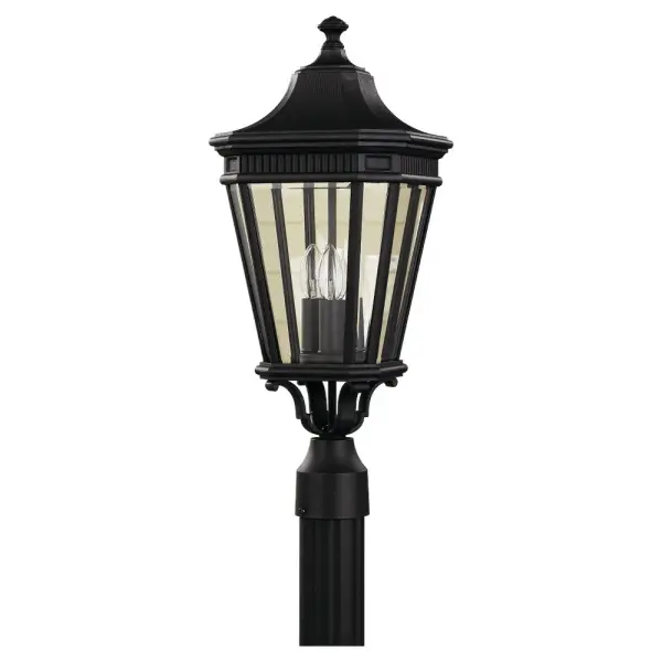 Collection: Cotswold Lane Designer: Feiss Rooms: Outdoor Finish: Black Glass: Clear Beveled Width: 9.50" Height: 22.50" Weight: 6.49 lb Wire: 12" Black/White Number of Bulbs: 3 Maximum Wattage: 60.00 W Bulb Type: Torpedo Bulb Base: Candelabra Voltage: 120.00 V Material: Aluminum Country of Origin: Philippines Safety Listing: UL Safety Rating: Wet Title 24 Spec Sheet Instructions Parts Diagram
