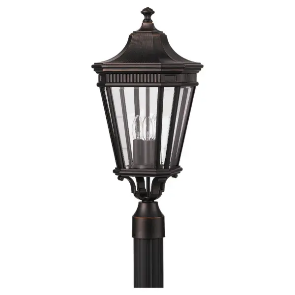 Collection: Cotswold Lane Designer: Feiss Rooms: Outdoor Finish: Grecian Bronze Glass: Clear Beveled Width: 9.50" Height: 22.50" Weight: 6.49 lb Wire: 12" Black/White Number of Bulbs: 3 Maximum Wattage: 60.00 W Bulb Type: Torpedo Bulb Base: Candelabra Voltage: 120.00 V Material: Aluminum Country of Origin: Philippines Safety Listing: UL Safety Rating: Wet Title 24 Spec Sheet Instructions Parts Diagram