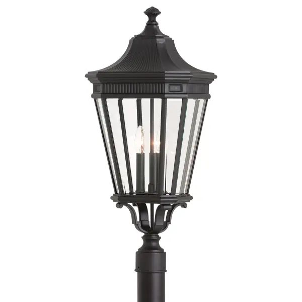 Collection: Cotswold Lane Designer: Feiss Rooms: Outdoor Finish: Black Glass: Clear Beveled Width: 12.00" Height: 27.50" Weight: 10.45 lb Wire: 12" Black/White Number of Bulbs: 3 Maximum Wattage: 60.00 W Bulb Type: Torpedo Bulb Base: Candelabra Voltage: 120.00 V Material: Aluminum Country of Origin: China Safety Listing: UL Safety Rating: Wet Title 24 Spec Sheet Instructions Parts Diagram