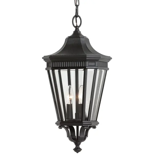 Collection: Cotswold Lane Designer: Feiss Rooms: Outdoor Finish: Black Glass: Clear Beveled Width: 9.50" Height: 21.50" Length: 9.50" Weight: 8.14 lb Chain: 60" Wire: 180" Black Canopy: DP:5'' W:5.75'' H:1'' Octagonal Number of Bulbs: 3 Maximum Wattage: 60.00 W Bulb Type: Torpedo Bulb Base: Candelabra Voltage: 120.00 V Material: Aluminum Country of Origin: Philippines Safety Listing: UL Safety Rating: Damp Title 24 Spec Sheet Instructions Parts Diagram