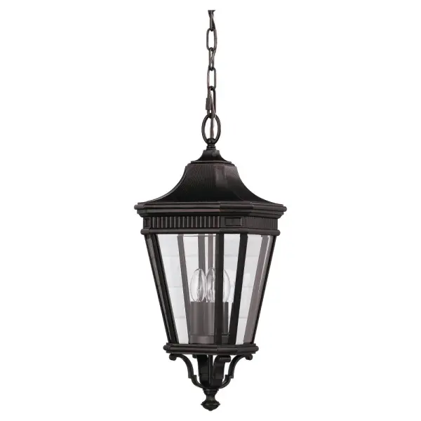 Collection: Cotswold Lane Designer: Feiss Rooms: Outdoor Finish: Grecian Bronze Glass: Clear Beveled Width: 9.50" Height: 21.50" Length: 9.50" Weight: 8.14 lb Chain: 60" Wire: 180" Brown Canopy: DP:5'' W:5.75'' H:1'' Octagonal Number of Bulbs: 3 Maximum Wattage: 60.00 W Bulb Type: Torpedo Bulb Base: Candelabra Voltage: 120.00 V Material: Aluminum Country of Origin: China Safety Listing: UL Safety Rating: Damp Title 24 Spec Sheet Instructions Parts Diagram