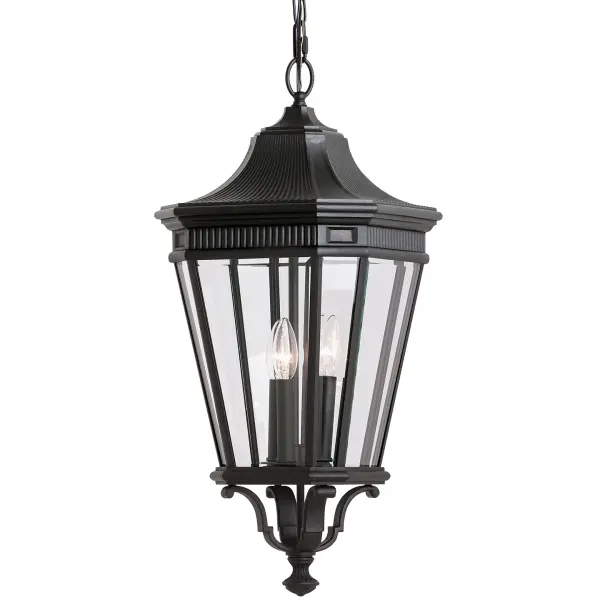 Collection: Cotswold Lane Designer: Feiss Rooms: Outdoor Finish: Black Glass: Clear Beveled Width: 12.00" Height: 26.50" Length: 12.00" Weight: 12.32 lb Chain: 60" Wire: 180" Black Canopy: DP:5'' W:5.75'' H:1'' Octagonal Number of Bulbs: 3 Maximum Wattage: 60.00 W Bulb Type: Torpedo Bulb Base: Candelabra Voltage: 120.00 V Material: Aluminum Country of Origin: China Safety Listing: UL Safety Rating: Damp Title 24 Spec Sheet Instructions Parts Diagram