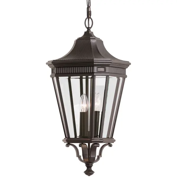 Collection: Cotswold Lane Designer: Feiss Rooms: Outdoor Finish: Grecian Bronze Glass: Clear Beveled Width: 12.00" Height: 26.50" Weight: 12.32 lb Chain: 60" Wire: 180" Brown Canopy: DP:5'' W:5.75'' H:1'' Octagonal Number of Bulbs: 3 Maximum Wattage: 60.00 W Bulb Type: Torpedo Bulb Base: Candelabra Voltage: 120.00 V Material: Aluminum Country of Origin: China Safety Listing: UL Safety Rating: Damp Title 24 Spec Sheet Instructions Parts Diagram