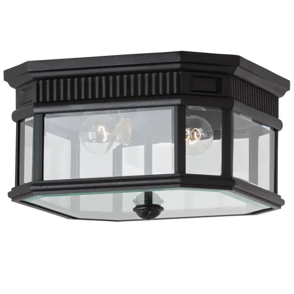 Collection: Cotswold Lane Designer: Feiss Rooms: Outdoor Finish: Black Glass: Clear Beveled Width: 11.50" Height: 6.63" Length: 11.50" Weight: 6.71 lb Wire: 8" Black/White Canopy: DP:11.5'' W:11.5'' H:1'' Octagonal Number of Bulbs: 2 Maximum Wattage: 60.00 W Bulb Type: A19 Bulb Base: Medium Voltage: 120.00 V Material: Aluminum Country of Origin: Philippines Safety Listing: UL Safety Rating: Damp Title 24 Spec Sheet Instructions Parts Diagram
