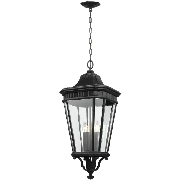 Collection: Cotswold Lane Designer: Feiss Rooms: Outdoor Finish: Black Glass: Clear Beveled Width: 13.63" Height: 31.00" Length: 13.63" Weight: 14.00 lb Chain: 60" Wire: 180" Black Canopy: DP:5'' W:5.75'' H:1'' Octagonal Number of Bulbs: 4 Maximum Wattage: 60.00 W Bulb Type: Torpedo Bulb Base: Candelabra Voltage: 120.00 V Material: Aluminum Country of Origin: Philippines Safety Listing: cETL Safety Rating: Damp Title 24 Spec Sheet Instructions Parts Diagram