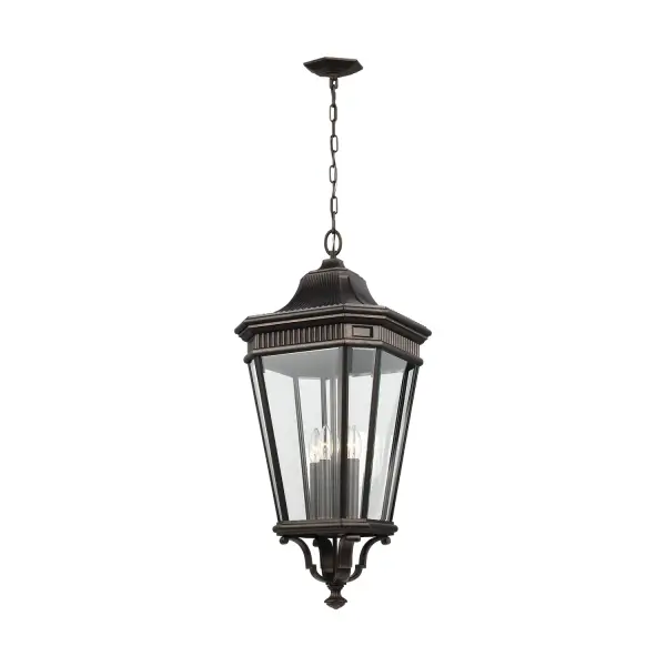 Collection: Cotswold Lane Designer: Feiss Rooms: Outdoor Finish: Grecian Bronze Glass: Clear Beveled Width: 13.63" Height: 31.00" Length: 13.63" Weight: 14.00 lb Chain: 60" Wire: 180" Brown Canopy: DP:5'' W:5.75'' H:1'' Octagonal Number of Bulbs: 4 Maximum Wattage: 60.00 W Bulb Type: Torpedo Bulb Base: Candelabra Voltage: 120.00 V Material: Aluminum Country of Origin: China Safety Listing: cETL Safety Rating: Damp Title 24 Spec Sheet Instructions Parts Diagram