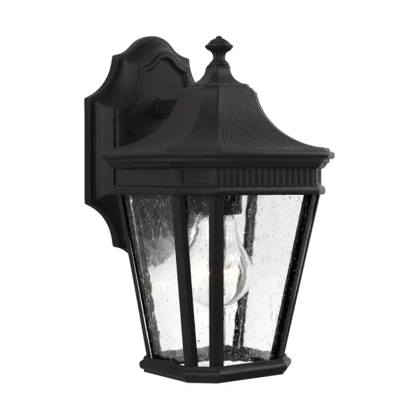 Collection: Cotswold Lane Designer: Feiss Rooms: Outdoor Finish: Black Glass: Clear Seeded Width: 6.50" Height: 11.50" Weight: 3.19 lb Extension from Wall: 7.75" Wire: 8" Black/White Canopy: DP:1.25'' W:5.125'' H:8.125'' OB UP:3.5'' Irregular Number of Bulbs: 1 Maximum Wattage: 100.00 W Bulb Type: A19 Bulb Base: Medium Voltage: 120.00 V Material: Aluminum Country of Origin: China Safety Listing: UL Safety Rating: Wet Connection: Hardwired Title 24 Spec Sheet Instructions Parts Diagram