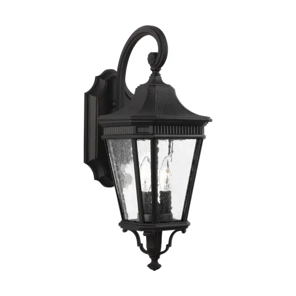 Collection: Cotswold Lane Designer: Feiss Rooms: Outdoor Finish: Black Glass: Clear Seeded Width: 9.00" Height: 20.50" Weight: 6.49 lb Extension from Wall: 11.63" Wire: 8" Black/White Canopy: DP:1.25'' W:5.125'' H:10.75'' OB UP:8.625'' Irregular Number of Bulbs: 2 Maximum Wattage: 60.00 W Bulb Type: Torpedo Bulb Base: Candelabra Voltage: 120.00 V Material: Aluminum Country of Origin: China Safety Listing: UL Safety Rating: Wet Connection: Hardwired Title 24 Spec Sheet Instructions Parts Diagram
