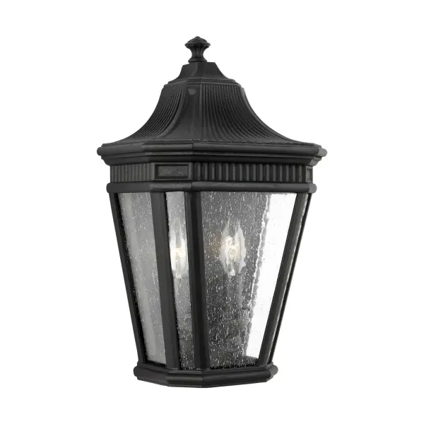 Collection: Cotswold Lane Designer: Feiss Rooms: Outdoor Finish: Black Glass: Clear Seeded Width: 9.50" Height: 16.00" Weight: 4.62 lb Extension from Wall: 6.00" Wire: 8" Black/White Canopy: DP:0.25'' W:8.875'' H:14.125'' OB UP:9.625'' Irregular Number of Bulbs: 2 Maximum Wattage: 60.00 W Bulb Type: Torpedo Bulb Base: Candelabra Voltage: 120.00 V Material: Aluminum Country of Origin: Philippines Safety Listing: UL Safety Rating: Wet Connection: Hardwired Title 24 Spec Sheet Instructions Parts Diagram