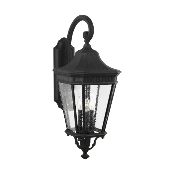 Collection: Cotswold Lane Designer: Feiss Rooms: Outdoor Finish: Black Glass: Clear Seeded Width: 12.00" Height: 30.00" Weight: 15.73 lb Extension from Wall: 16.25" Wire: 8" Black/White Canopy: DP:1.25'' W:5.125'' H:16.375'' OB UP:12.875'' Irregular Number of Bulbs: 3 Maximum Wattage: 60.00 W Bulb Type: Torpedo Bulb Base: Candelabra Voltage: 120.00 V Material: Aluminum Country of Origin: China Safety Listing: UL Safety Rating: Wet Connection: Hardwired Title 24 Spec Sheet Instructions Parts Diagram