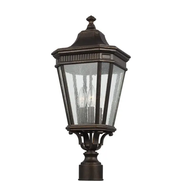 Collection: Cotswold Lane Designer: Feiss Rooms: Outdoor Finish: Grecian Bronze Glass: Clear Seeded Width: 9.50" Height: 22.50" Length: 9.50" Weight: 6.49 lb Wire: 12" Black/White Number of Bulbs: 3 Maximum Wattage: 60.00 W Bulb Type: Torpedo Bulb Base: Candelabra Voltage: 120.00 V Material: Aluminum Country of Origin: Philippines Safety Listing: cETL Safety Rating: Wet Connection: Hardwired Title 24 Spec Sheet Instructions Parts Diagram