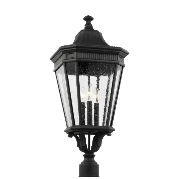 Collection: Cotswold Lane Designer: Feiss Rooms: Outdoor Finish: Black Glass: Clear Seeded Width: 12.00" Height: 27.50" Length: 12.00" Weight: 10.45 lb Wire: 12" Black/White Number of Bulbs: 3 Maximum Wattage: 60.00 W Bulb Type: Torpedo Bulb Base: Candelabra Voltage: 120.00 V Material: Aluminum Country of Origin: China Safety Listing: UL Safety Rating: Wet Connection: Hardwired Title 24 Spec Sheet Instructions Parts Diagram