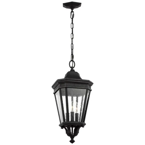 Collection: Cotswold Lane Designer: Feiss Rooms: Outdoor Finish: Black Glass: Clear Seeded Width: 9.50" Height: 21.50" Length: 9.50" Weight: 7.30 lb Chain: 60" Wire: 180" Black Canopy: DP:5'' W:5.75'' H:1'' Octagonal Number of Bulbs: 3 Maximum Wattage: 60.00 W Bulb Type: Torpedo Bulb Base: Candelabra Voltage: 120.00 V Material: Aluminum Country of Origin: Philippines Safety Listing: UL Safety Rating: Damp Connection: Hardwired Title 24 Spec Sheet Instructions Parts Diagram