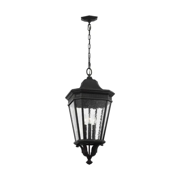 Collection: Cotswold Lane Designer: Feiss Rooms: Outdoor Finish: Black Glass: Clear Seeded Width: 12.00" Height: 26.50" Length: 12.00" Weight: 12.32 lb Chain: 60" Wire: 180" Black Canopy: DP:5'' W:5.75'' H:1'' Octagonal Number of Bulbs: 3 Maximum Wattage: 60.00 W Bulb Type: Torpedo Bulb Base: Candelabra Voltage: 120.00 V Material: Aluminum Country of Origin: China Safety Listing: UL Safety Rating: Damp Connection: Hardwired Title 24 Spec Sheet Instructions Parts Diagram