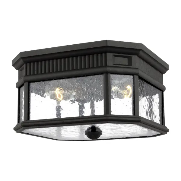 Collection: Cotswold Lane Designer: Feiss Rooms: Outdoor Finish: Black Glass: Clear Seeded Width: 11.50" Height: 6.63" Length: 11.50" Weight: 6.71 lb Wire: 8" Black/White Canopy: DP:11.5'' W:11.5'' H:1'' Octagonal Number of Bulbs: 2 Maximum Wattage: 60.00 W Bulb Type: A19 Bulb Base: Medium Voltage: 120.00 V Material: Aluminum Country of Origin: Philippines Safety Listing: UL Safety Rating: Damp Connection: Hardwired Title 24 Spec Sheet Instructions Parts Diagram
