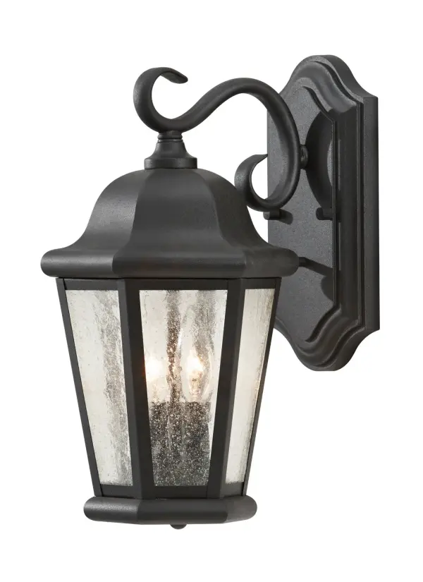 Collection: Martinsville Designer: Sea Gull Rooms: Outdoor Finish: Black Glass: Clear Seeded Width: 8.00" Height: 14.50" Weight: 3.20 lb Extension from Wall: 9.50" Wire: 8" Black/White Canopy: DP:1.125'' W:5'' H:10'' OB UP:5'' Rectangular Number of Bulbs: 2 Maximum Wattage: 60.00 W Bulb Type: Torpedo Bulb Base: Candelabra Voltage: 120.00 V Material: Stainless Steel Country of Origin: Philippines Safety Listing: cUL Safety Rating: Wet Connection: Hardwired Title 24 Spec Sheet Instructions Parts Diagram