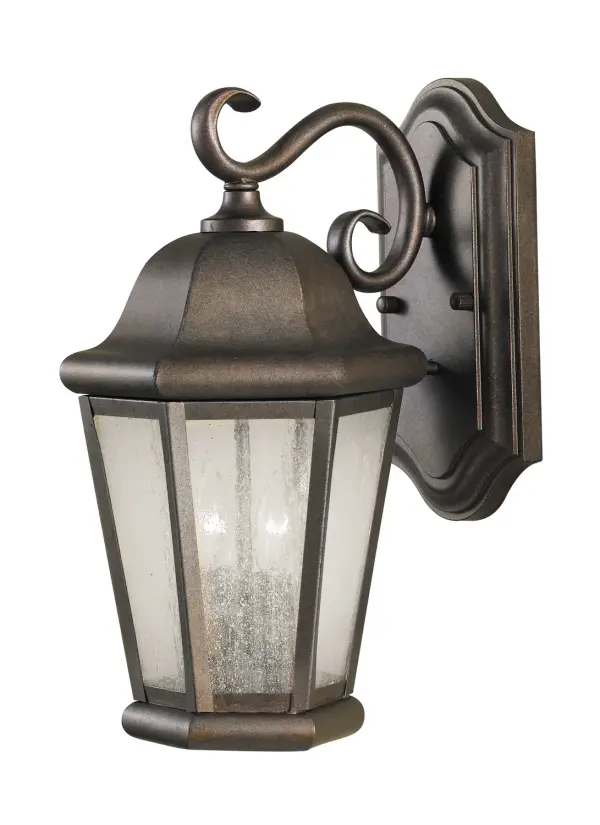 Collection: Martinsville Designer: Sea Gull Rooms: Outdoor Finish: Corinthian Bronze Glass: Clear Seeded Width: 8.00" Height: 14.50" Weight: 3.20 lb Extension from Wall: 9.50" Wire: 8" Black/White Canopy: DP:1.125'' W:5'' H:10'' OB UP:5'' Rectangular Number of Bulbs: 2 Maximum Wattage: 60.00 W Bulb Type: Torpedo Bulb Base: Candelabra Voltage: 120.00 V Material: Stainless Steel Country of Origin: Philippines Safety Listing: cUL Safety Rating: Wet Connection: Hardwired Title 24 Spec Sheet Instructions Parts Diagram