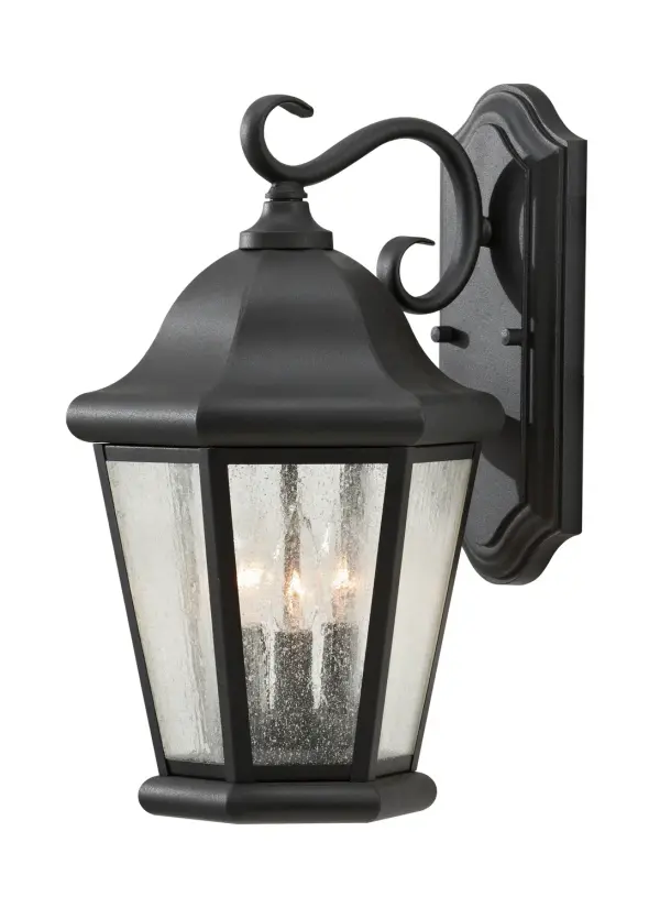 Collection: Martinsville Designer: Sea Gull Rooms: Outdoor Finish: Black Glass: Clear Seeded Width: 10.25" Height: 17.00" Weight: 5.06 lb Extension from Wall: 11.50" Wire: 8" Black/White Canopy: DP:1.125'' W:5'' H:12'' OB UP:6'' Rectangular Number of Bulbs: 3 Maximum Wattage: 60.00 W Bulb Type: Torpedo Bulb Base: Candelabra Voltage: 120.00 V Material: Stainless Steel Country of Origin: Philippines Safety Listing: cUL Safety Rating: Wet Connection: Hardwired Title 24 Spec Sheet Instructions Parts Diagram