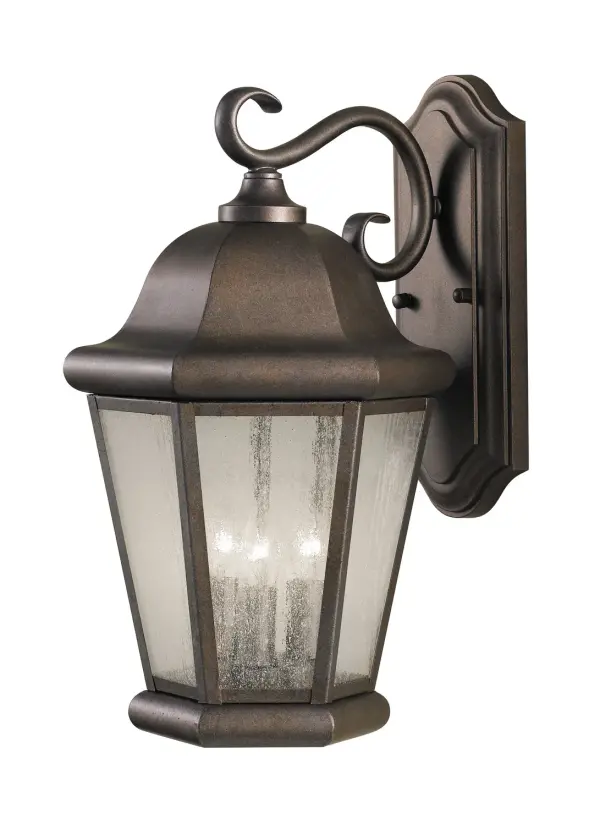 Collection: Martinsville Designer: Sea Gull Rooms: Outdoor Finish: Corinthian Bronze Glass: Clear Seeded Width: 10.25" Height: 17.00" Weight: 5.06 lb Extension from Wall: 11.50" Wire: 8" Black/White Canopy: DP:1.125'' W:5'' H:12'' OB UP:6'' Rectangular Number of Bulbs: 3 Maximum Wattage: 60.00 W Bulb Type: Torpedo Bulb Base: Candelabra Voltage: 120.00 V Material: Stainless Steel Country of Origin: China Safety Listing: cUL Safety Rating: Wet Connection: Hardwired Title 24 Spec Sheet Instructions Parts Diagram