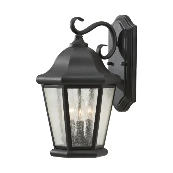 Collection: Martinsville Designer: Sea Gull Rooms: Outdoor Finish: Black Glass: Clear Seeded Width: 10.25" Height: 17.00" Weight: 5.06 lb Extension from Wall: 11.50" Wire: 8" Black/White Canopy: DP:1.125'' W:5'' H:12'' OB UP:6'' Rectangular Bulbs Included Number of Bulbs: 3 Maximum Wattage: 3.50 W Bulb Type: Torpedo Bulb Base: Candelabra Light Output: 350.00 lm Color Temperature: 2700 K CRI: 90 Rated Average Life: 25000 Voltage: 120.00 V Material: Stainless Steel Country of Origin: China Safety Listing: cUL Safety Rating: Wet Energy Star Title 24 LED Spec Sheet Instructions Parts Diagram