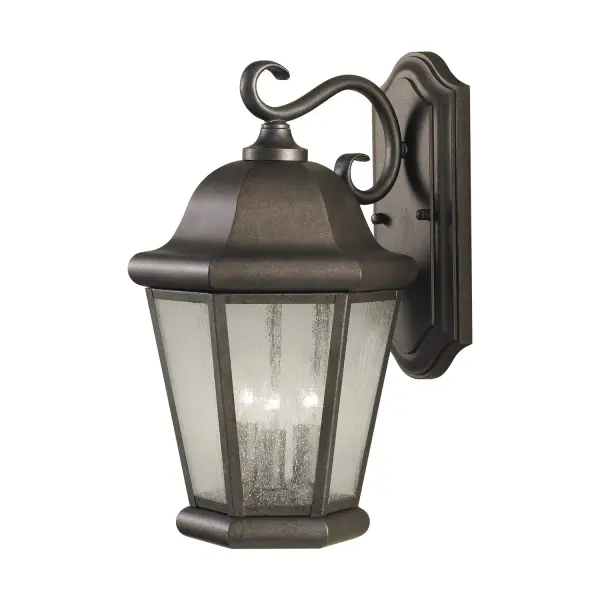 Collection: Martinsville Designer: Sea Gull Rooms: Outdoor Finish: Corinthian Bronze Glass: Clear Seeded Width: 10.25" Height: 17.00" Weight: 5.06 lb Extension from Wall: 11.50" Wire: 8" Black/White Canopy: DP:1.125'' W:5'' H:12'' OB UP:6'' Rectangular Bulbs Included Number of Bulbs: 3 Maximum Wattage: 3.50 W Bulb Type: Torpedo Bulb Base: Candelabra Light Output: 350.00 lm Color Temperature: 2700 K CRI: 90 Rated Average Life: 25000 Voltage: 120.00 V Material: Stainless Steel Country of Origin: China Safety Listing: cUL Safety Rating: Wet Energy Star Title 24 LED Spec Sheet Instructions Parts Diagram