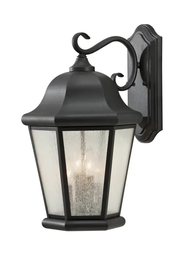 Collection: Martinsville Designer: Sea Gull Rooms: Outdoor Finish: Black Glass: Clear Seeded Width: 12.00" Height: 20.00" Weight: 6.50 lb Extension from Wall: 13.13" Wire: 8" Black/White Canopy: DP:1.125'' W:5'' H:12'' OB UP:6'' Rectangular Number of Bulbs: 4 Maximum Wattage: 60.00 W Bulb Type: Torpedo Bulb Base: Candelabra Voltage: 120.00 V Material: Stainless Steel Country of Origin: China Safety Listing: cUL Safety Rating: Wet Connection: Hardwired Title 24 Spec Sheet Instructions Parts Diagram