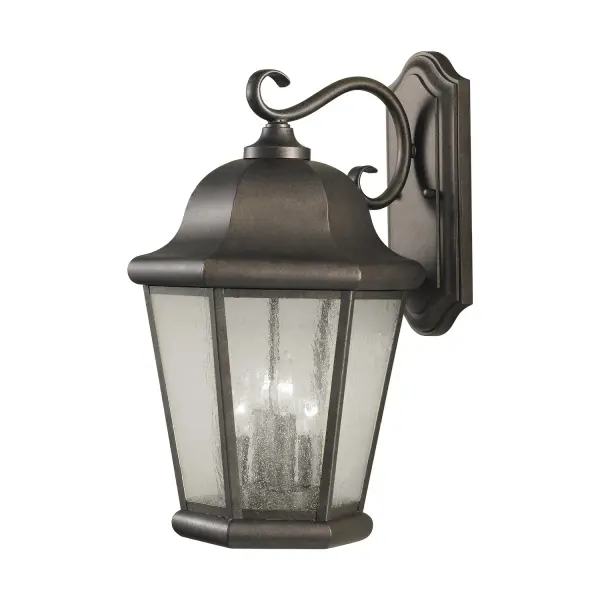 Collection: Martinsville Designer: Sea Gull Rooms: Outdoor Finish: Corinthian Bronze Glass: Clear Seeded Width: 12.00" Height: 20.00" Weight: 6.50 lb Extension from Wall: 13.13" Wire: 8" Black/White Canopy: DP:1.125'' W:5'' H:12'' OB UP:6'' Rectangular Bulbs Included Number of Bulbs: 4 Maximum Wattage: 3.50 W Bulb Type: Torpedo Bulb Base: Candelabra Light Output: 350.00 lm Color Temperature: 2700 K CRI: 90 Rated Average Life: 25000 Voltage: 120.00 V Material: Stainless Steel Country of Origin: China Safety Listing: cUL Safety Rating: Wet Energy Star Title 24 LED Spec Sheet Instructions Parts Diagram