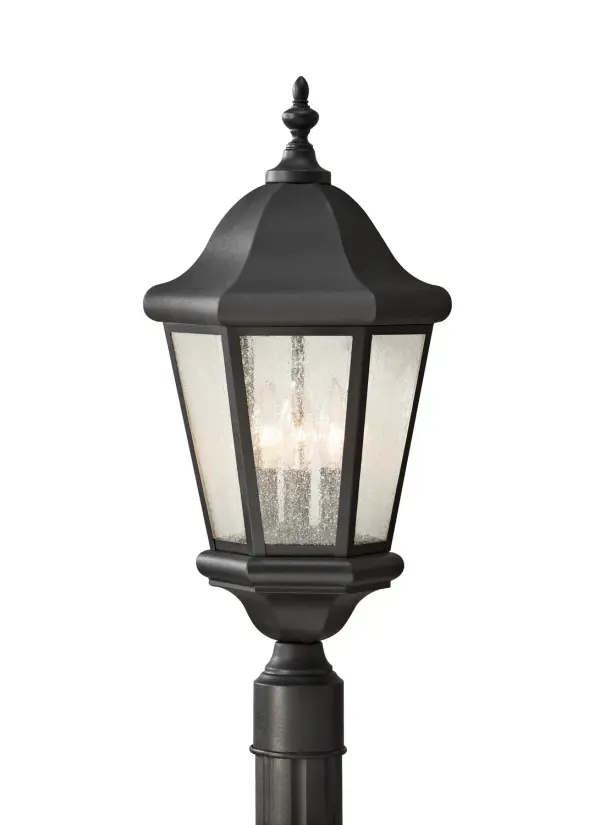 Collection: Martinsville Designer: Sea Gull Rooms: Outdoor Finish: Black Glass: Clear Seeded Width: 10.25" Height: 22.25" Weight: 4.29 lb Wire: 8" Black/White Number of Bulbs: 3 Maximum Wattage: 60.00 W Bulb Type: Torpedo Bulb Base: Candelabra Voltage: 120.00 V Material: Stainless Steel Country of Origin: China Safety Listing: cUL Safety Rating: Wet Connection: Hardwired Title 24 Spec Sheet Instructions Parts Diagram