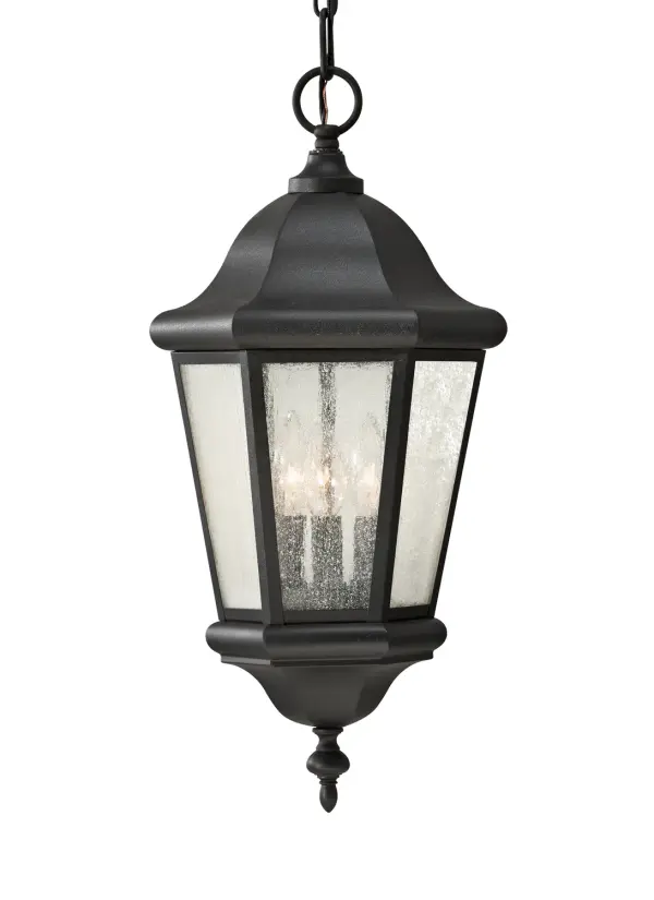 Collection: Martinsville Designer: Sea Gull Rooms: Outdoor Finish: Black Glass: Clear Seeded Width: 10.25" Height: 21.00" Weight: 6.27 lb Chain: 60" Wire: 180" Black Canopy: D:6.25'' H:1.75'' Round Number of Bulbs: 3 Maximum Wattage: 60.00 W Bulb Type: Torpedo Bulb Base: Candelabra Voltage: 120.00 V Material: Stainless Steel Country of Origin: Philippines Safety Listing: cUL Safety Rating: Damp Connection: Hardwired Title 24 Spec Sheet Instructions Parts Diagram