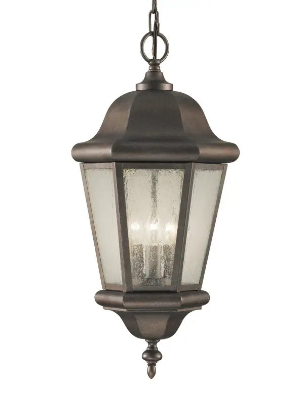 Collection: Martinsville Designer: Sea Gull Rooms: Outdoor Finish: Corinthian Bronze Glass: Clear Seeded Width: 10.25" Height: 21.00" Weight: 6.27 lb Chain: 60" Wire: 180" Brown Canopy: D:6.25'' H:1.75'' Round Number of Bulbs: 3 Maximum Wattage: 60.00 W Bulb Type: Torpedo Bulb Base: Candelabra Voltage: 120.00 V Material: Stainless Steel Country of Origin: China Safety Listing: cUL Safety Rating: Damp Connection: Hardwired Title 24 Spec Sheet Instructions Parts Diagram
