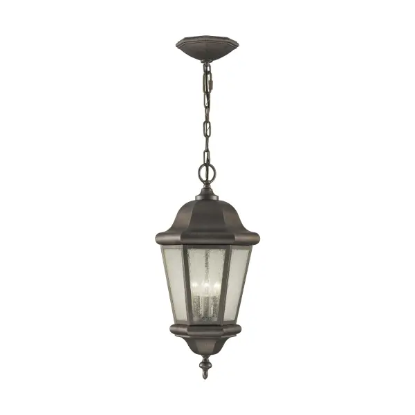 Collection: Martinsville Designer: Sea Gull Rooms: Outdoor Finish: Corinthian Bronze Glass: Clear Seeded Width: 10.25" Height: 21.00" Weight: 6.27 lb Chain: 60" Wire: 180" Brown Canopy: D:6.25'' H:1.75'' Round Bulbs Included Number of Bulbs: 3 Maximum Wattage: 3.50 W Bulb Type: Torpedo Bulb Base: Candelabra Light Output: 350.00 lm Color Temperature: 2700 K CRI: 90 Rated Average Life: 25000 Voltage: 120.00 V Material: Stainless Steel Country of Origin: China Safety Listing: cUL Safety Rating: Damp Energy Star Title 24 LED Spec Sheet Instructions Parts Diagram