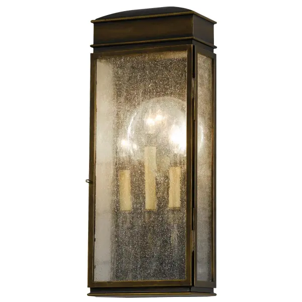 Collection: Whitaker Designer: Feiss Rooms: Outdoor Finish: Astral Bronze Glass: Clear Seeded Width: 9.00" Height: 22.50" Weight: 9.90 lb Extension from Wall: 4.88" Wire: 8" Black/White Canopy: DP:.625'' W: 5.5'' H:5.5'' OB UP:9.875'' Square Number of Bulbs: 3 Maximum Wattage: 60.00 W Bulb Type: Torpedo Bulb Base: Candelabra Voltage: 120.00 V Material: Powder Coated Steel Country of Origin: Philippines Safety Listing: UL Safety Rating: Wet Connection: Hardwired Title 24 Spec Sheet Instructions Parts Diagram