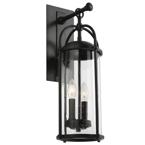 Collection: Dakota Designer: Feiss Rooms: Outdoor Finish: Espresso Glass: Clear Seeded Width: 7.63" Height: 20.63" Weight: 8.50 lb Extension from Wall: 9.13" Wire: 8" Black/White Canopy: DP:0.625'' W:4.5'' H:11.25'' OB UP:8.5'' Rectangular Number of Bulbs: 2 Maximum Wattage: 60.00 W Bulb Type: Torpedo Bulb Base: Candelabra Voltage: 120.00 V Material: Aluminum Country of Origin: Vietnam Safety Listing: cETL Safety Rating: Wet Connection: Hardwired Title 24 Spec Sheet Instructions Parts Diagram